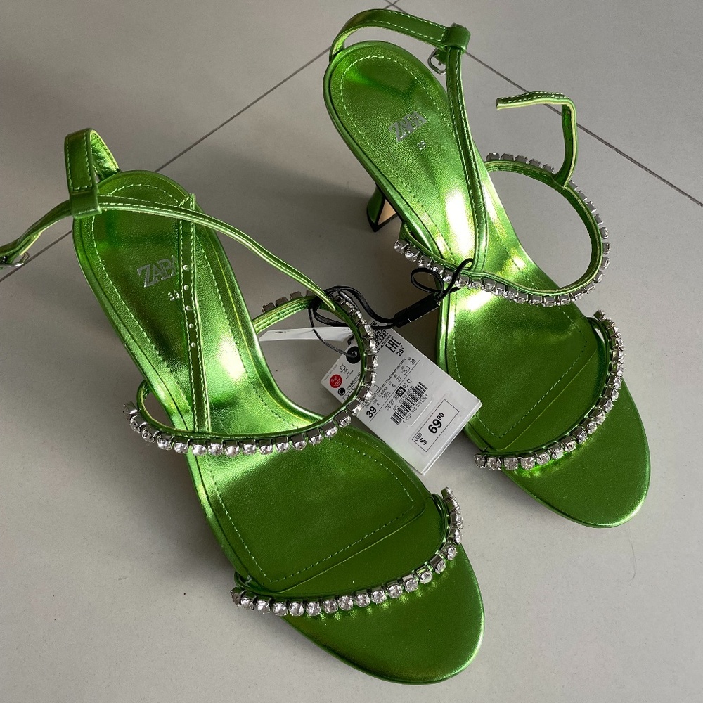 Metallic green heels with rhinestones Zara
